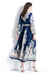 Vibrant & Elegant Women's Wrap V-Neck Long Puff Sleeve Floral Long Modest Maxi Holiday, Party Evening Dress - Blue